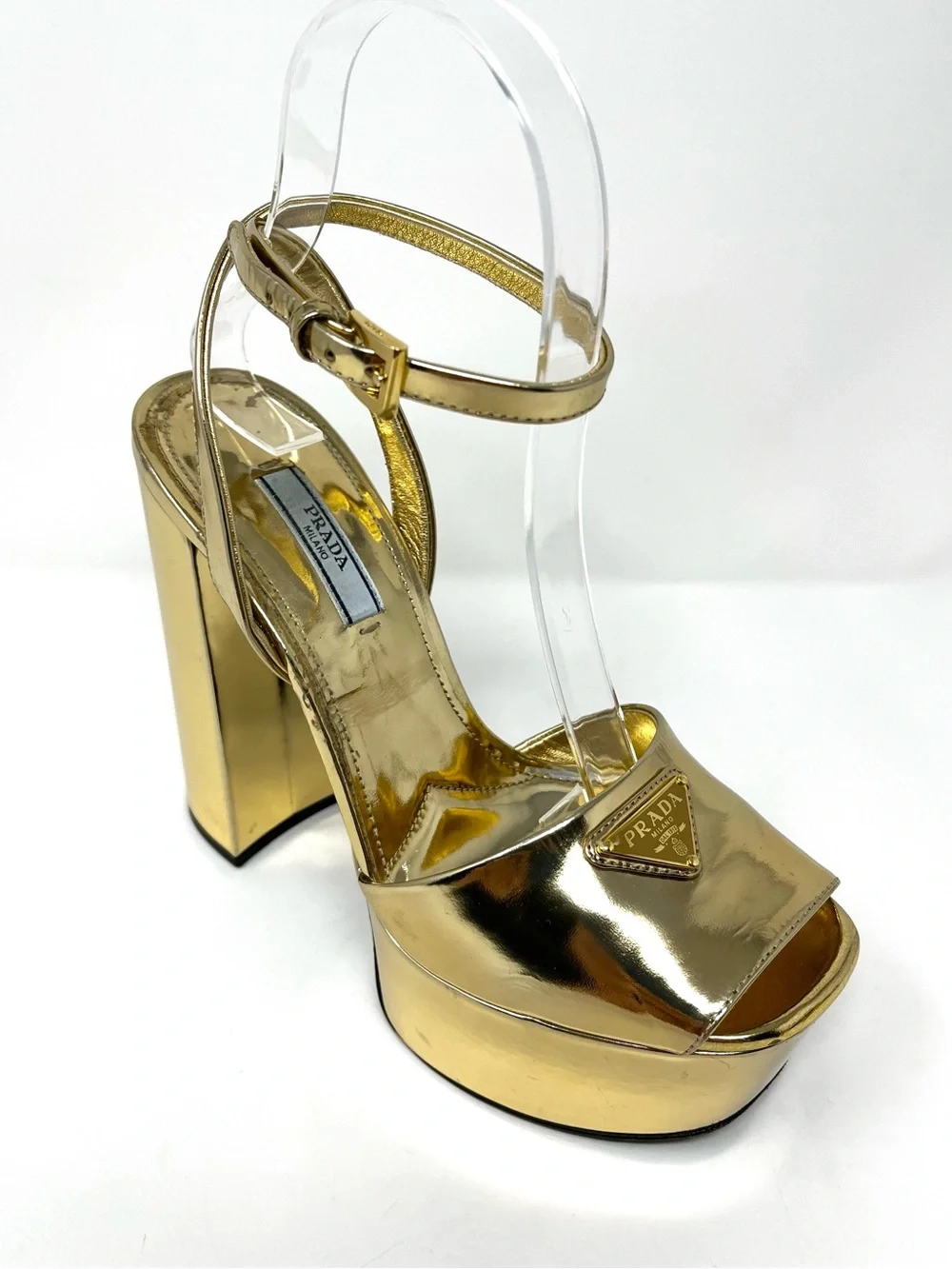 Prada Gold Metallic Leather Triangle Logo Strappy Platform Sandals Heels 36.5